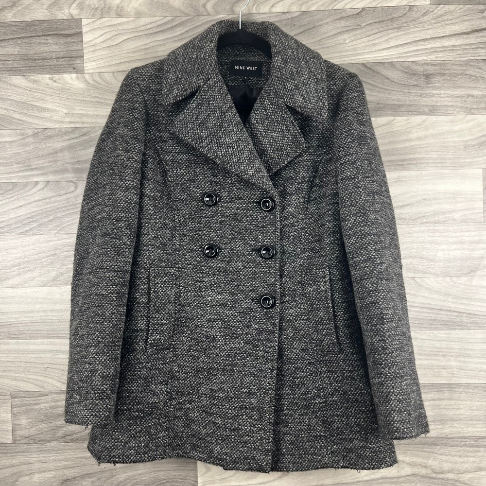 Nine West Peacoat Womens 4 Gray Double Breasted Wool Blend Lined Feminine Career